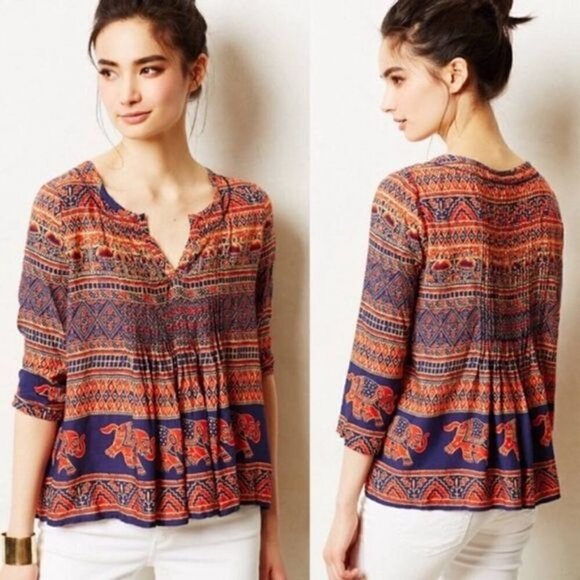 Anthropologie Vanessa Virginia Mahdia Pleated Elephant Peasant Blouse - Picture 2 of 8